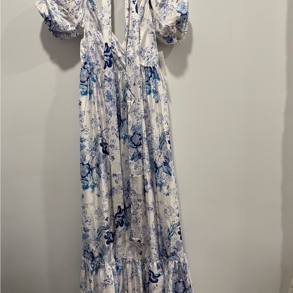 Alamour The Label White and Blue Floral Maxi Dress with Puff Sleeves